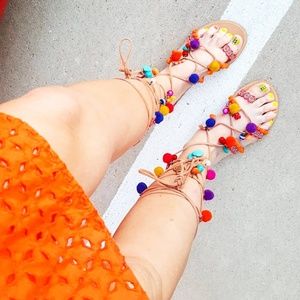 Mia Reanna Natural Leather Pompom Lace-Up Sandals